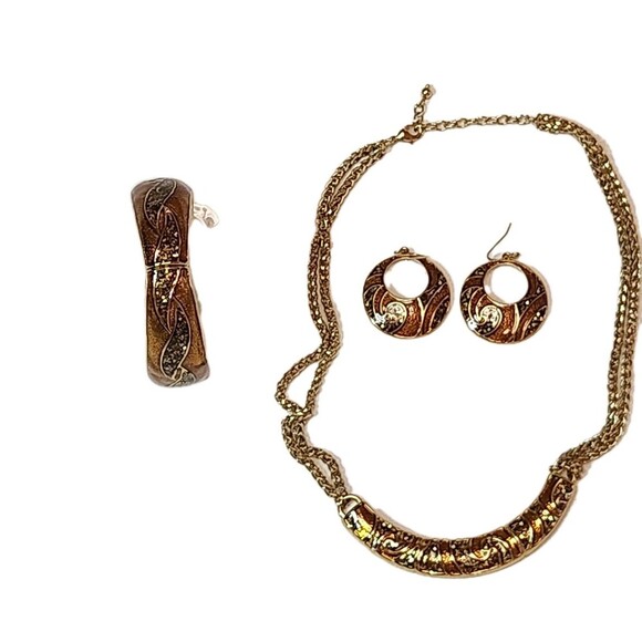 Shimmery Golden Brown Jewelry Set Necklace, Earrings &Bracelet Elegant Unbranded - Picture 2 of 7
